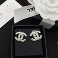 Double C Diamond Pearl Stud Earrings