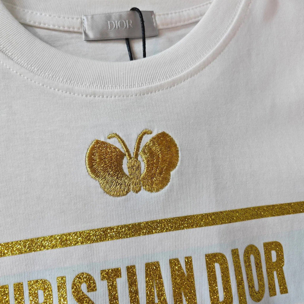 Gold Tone Logo Embroidered Butterfly T-Shirt