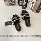 Elegant Double Strap Pearl Flat Slippers