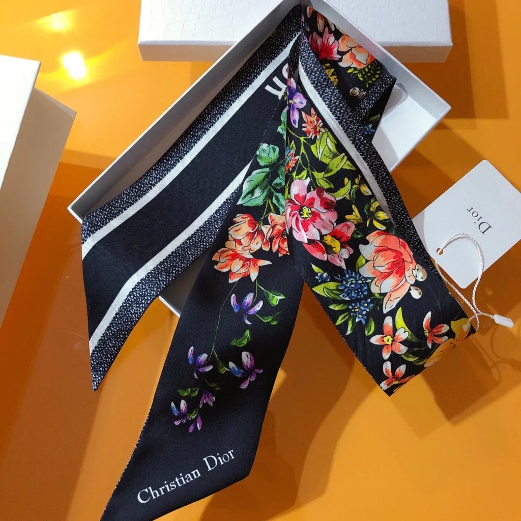 Bevel Edge Floral Double Layer Ribbon Silk Scarf