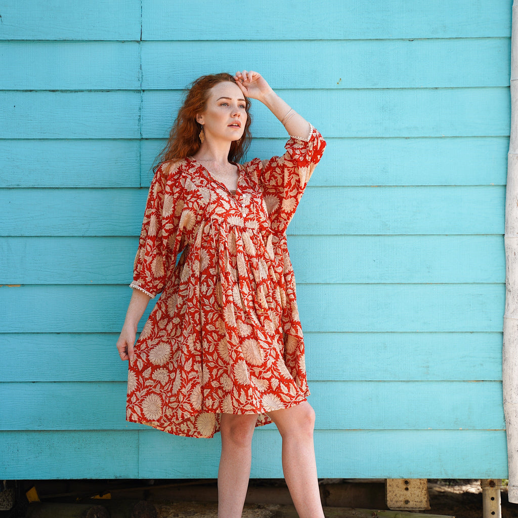 Hawa Short Dress- Rust Sunflower