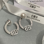 Diamond B Hoop Pearl Earrings